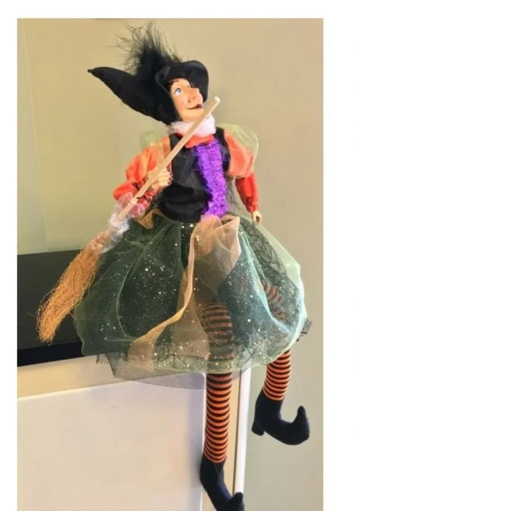 New Ritzy Glam Halloween Witch Doll Shelf Sitter Leg Dangler w/ Broom 29
